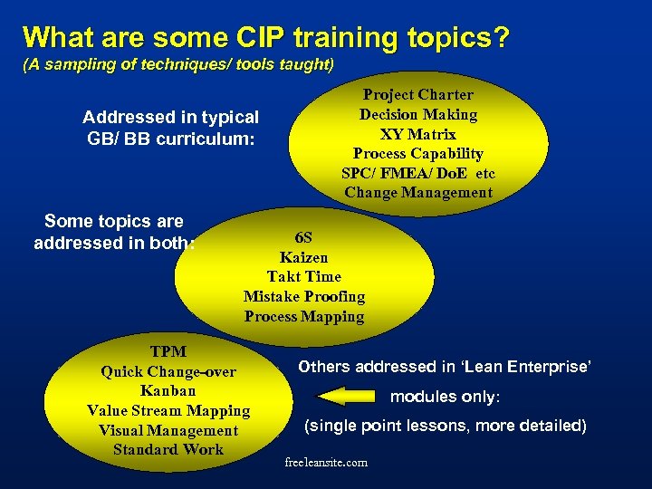 What are some CIP training topics? (A sampling of techniques/ tools taught) Addressed in
