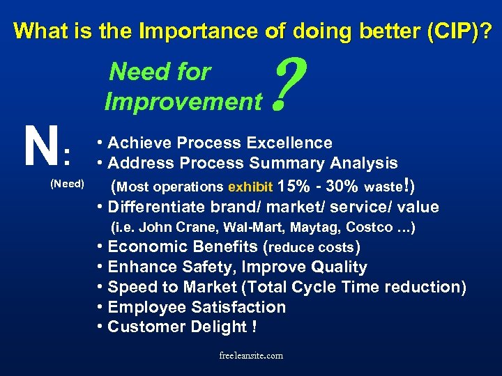 What is the Importance of doing better (CIP)? Need N: (Need) for Improvement ?