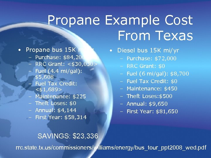 Propane Example Cost From Texas • Propane bus 15 K mi/yr – Purchase: $84,