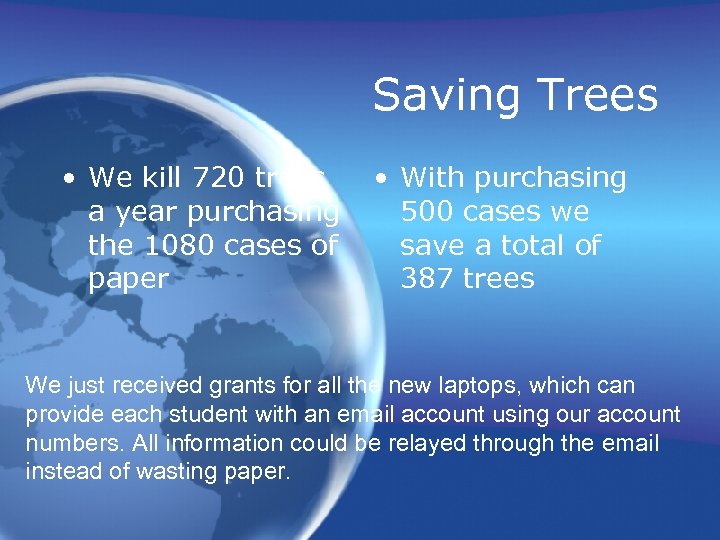 Saving Trees • We kill 720 trees a year purchasing the 1080 cases of