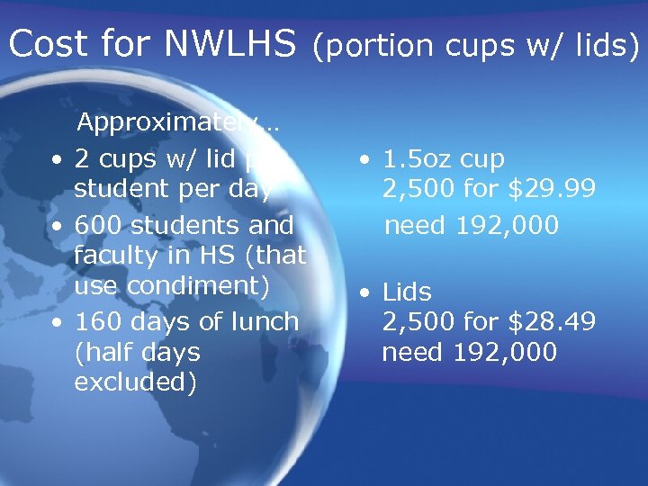 Cost for NWLHS (portion cups w/ lids) Approximately… • 2 cups w/ lid per