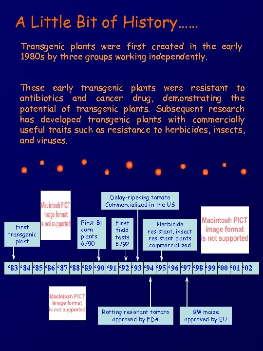 A Little Bit of History…… Transgenic plants were first created in the early 1980