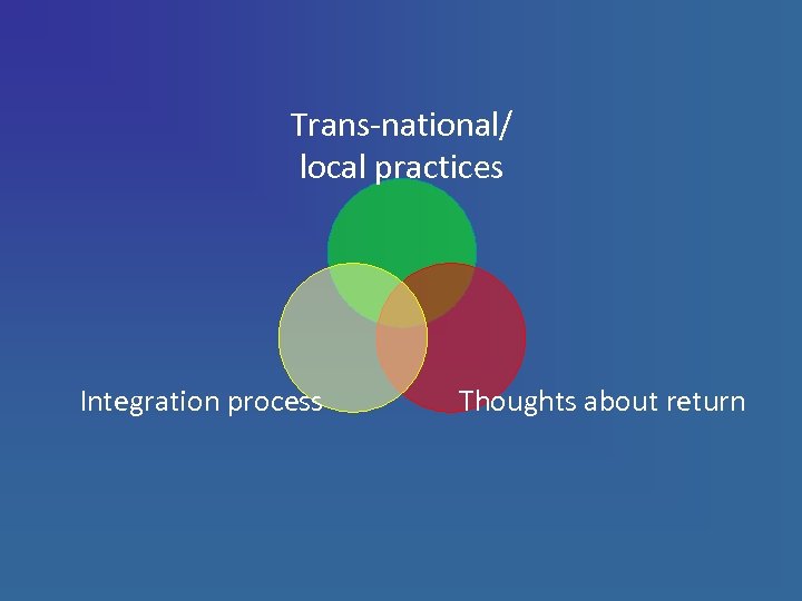 Trans-national/ local practices Integration process Thoughts about return 