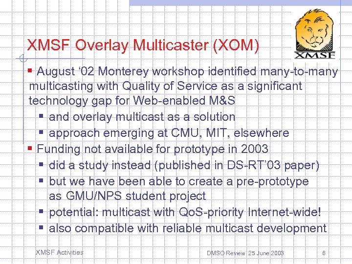 XMSF Overlay Multicaster (XOM) § August ‘ 02 Monterey workshop identified many-to-many multicasting with