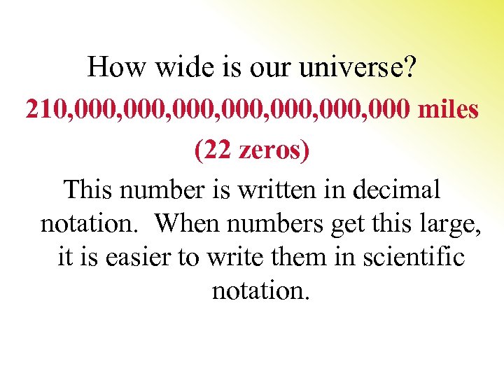 How wide is our universe? 210, 000, 000, 000 miles (22 zeros) This number