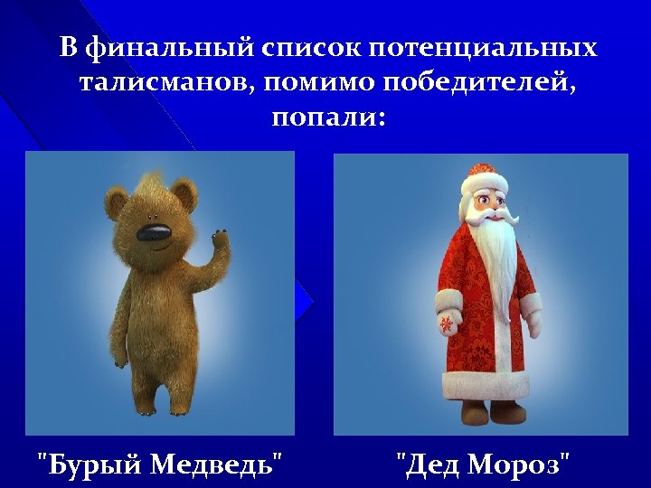 В финальный список потенциальных талисманов, помимо победителей, попали: 