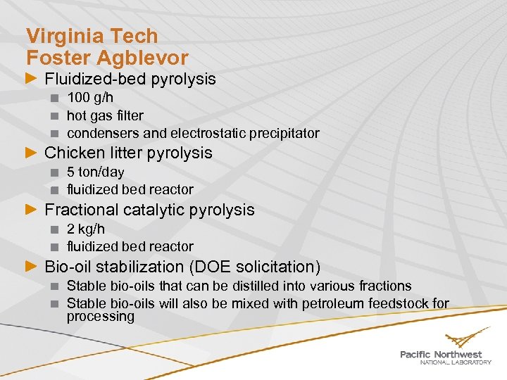 Virginia Tech Foster Agblevor Fluidized-bed pyrolysis 100 g/h hot gas filter condensers and electrostatic