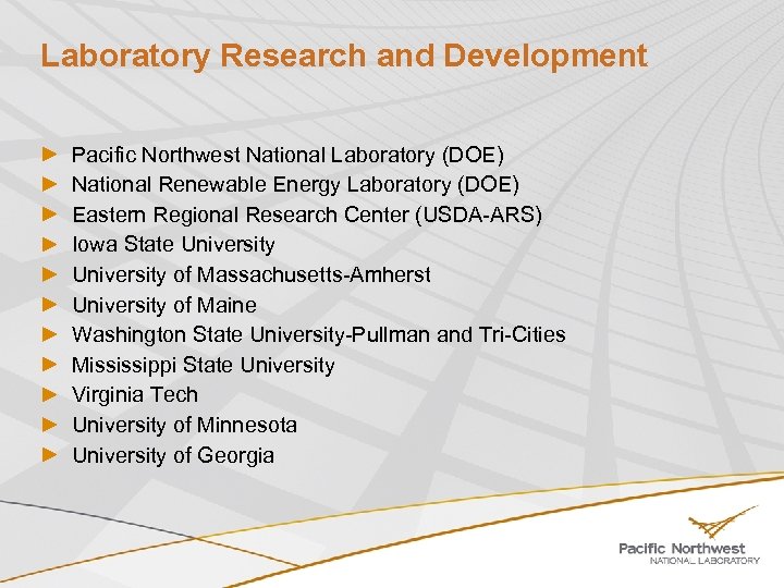 Laboratory Research and Development Pacific Northwest National Laboratory (DOE) National Renewable Energy Laboratory (DOE)