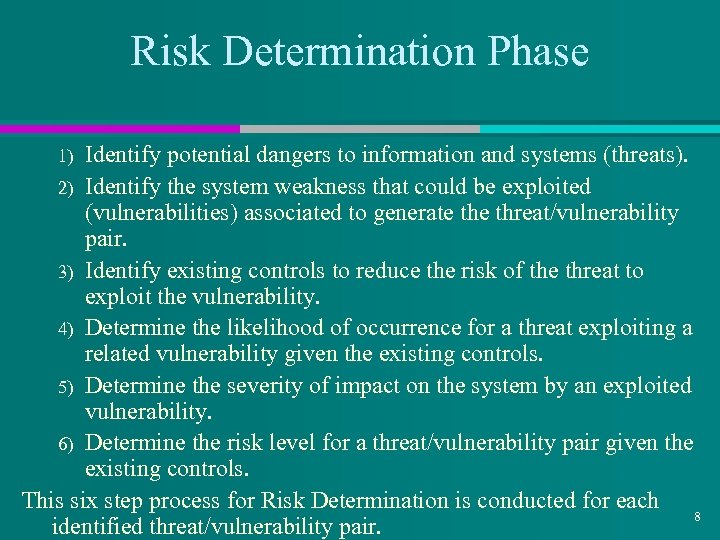 Risk Determination Phase Identify potential dangers to information and systems (threats). 2) Identify the