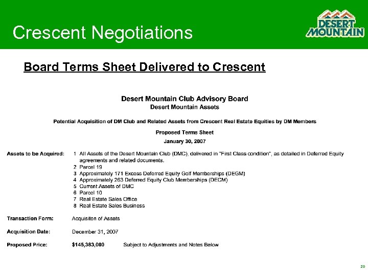 Crescent Negotiations Board Terms Sheet Delivered to Crescent 20 