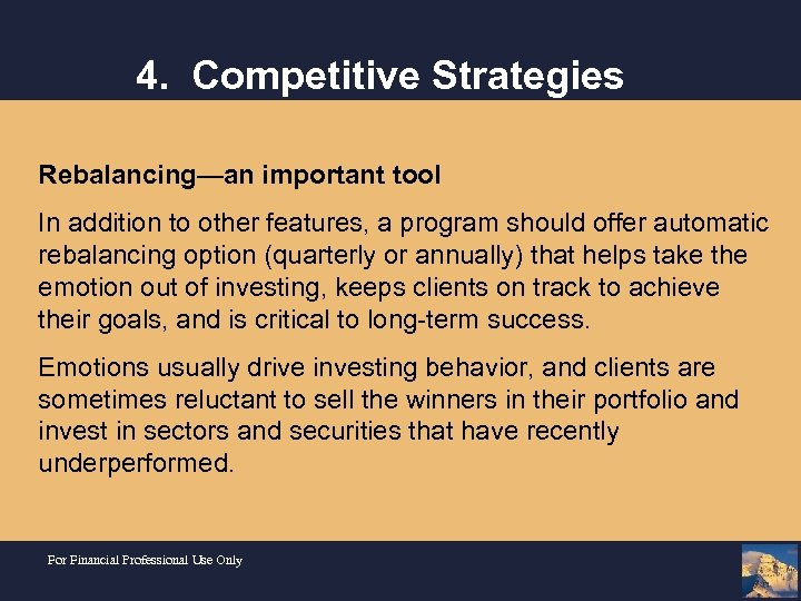 4. Competitive Strategies Rebalancing—an important tool In addition to other features, a program should