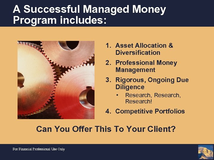 A Successful Managed Money Program includes: 1. Asset Allocation & Diversification 2. Professional Money