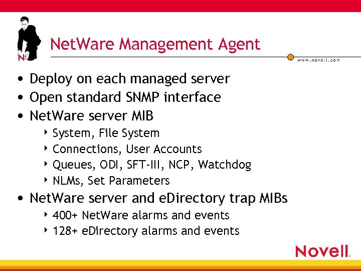 Net. Ware Management Agent • Deploy on each managed server • Open standard SNMP