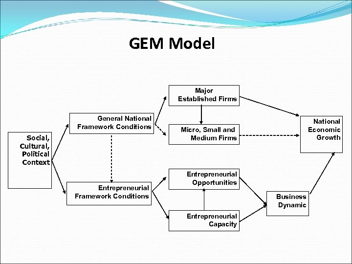 GEM Model Major Established Firms General National Framework Conditions Social, Cultural, Political Context Entrepreneurial