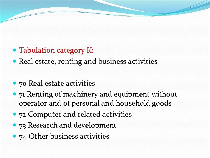  Tabulation category K: Real estate, renting and business activities 70 Real estate activities