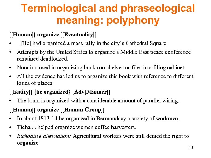 Terminological and phraseological meaning: polyphony [[Human]] organize [[Eventuality]] • [[He] had organized a mass