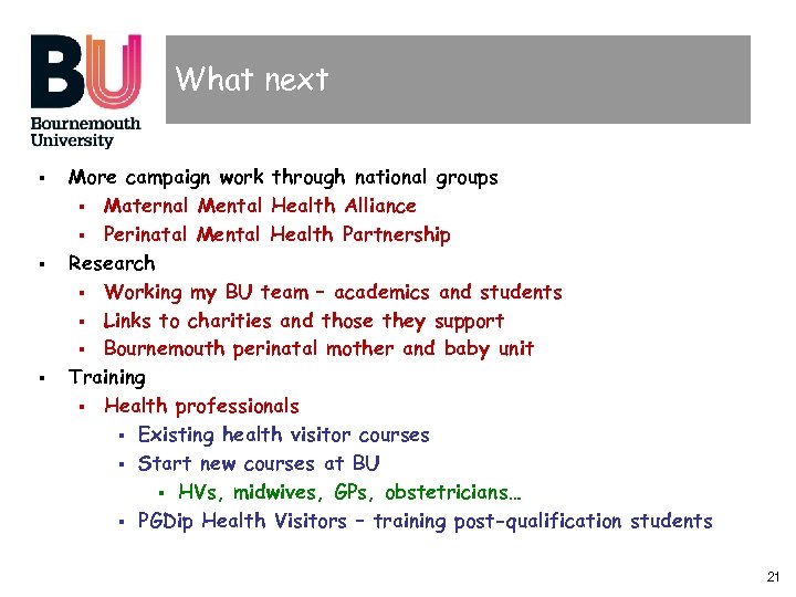 What next § § § More campaign work through national groups § Maternal Mental