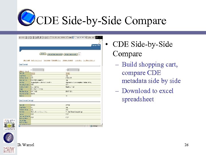 CDE Side-by-Side Compare • CDE Side-by-Side Compare – Build shopping cart, compare CDE metadata