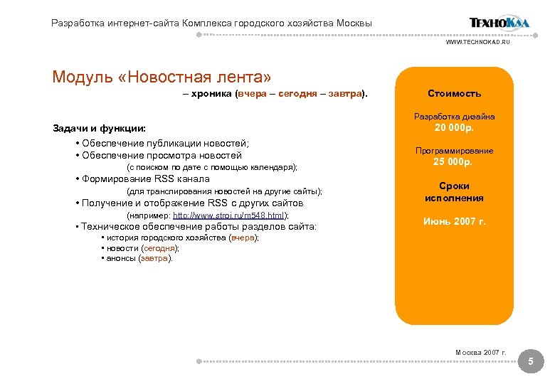 Разработка интернет-сайта Комплекса городского хозяйства Москвы WWW. TECHNOKAD. RU Модуль «Новостная лента» – хроника