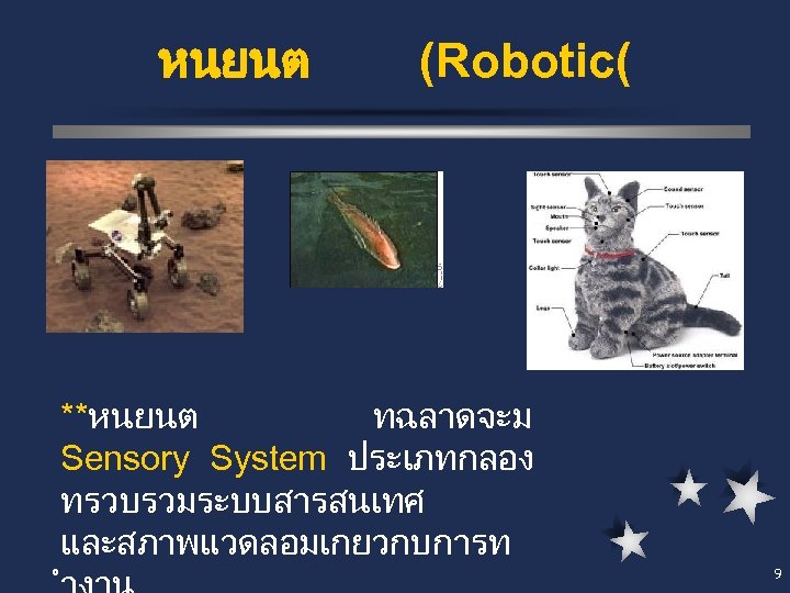 หนยนต (Robotic( **หนยนต ทฉลาดจะม Sensory System ประเภทกลอง ทรวบรวมระบบสารสนเทศ และสภาพแวดลอมเกยวกบการท 9 