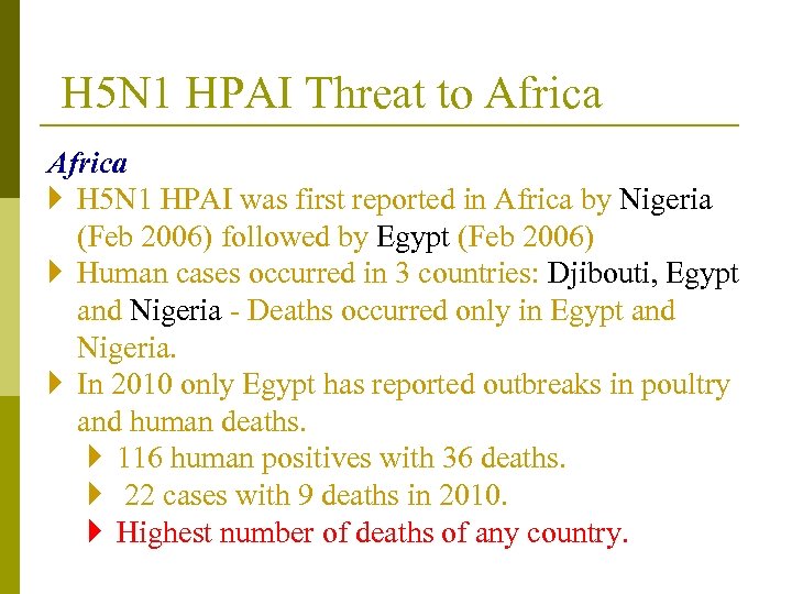 H 5 N 1 HPAI Threat to Africa } H 5 N 1 HPAI