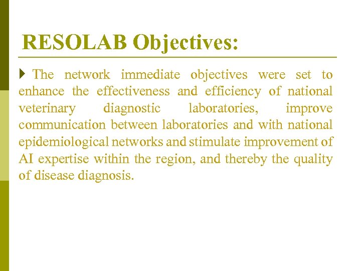 RESOLAB Objectives: } The network immediate objectives were set to enhance the effectiveness and