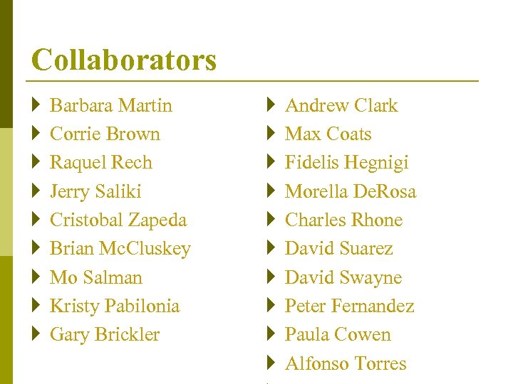 Collaborators } } } } } Barbara Martin Corrie Brown Raquel Rech Jerry Saliki