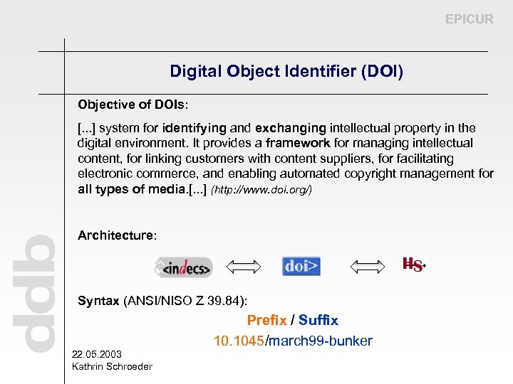 EPICUR Digital Object Identifier (DOI) Objective of DOIs: [. . . ] system for