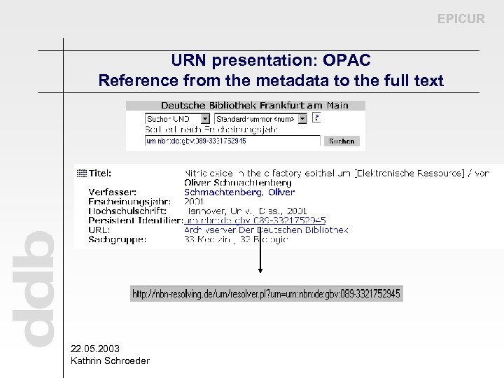 EPICUR URN presentation: OPAC Reference from the metadata to the full text 22. 05.