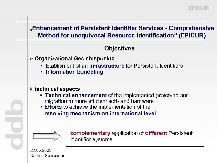 EPICUR „Enhancement of Persistent Identifier Services - Comprehensive Method for unequivocal Resource Identification“ (EPICUR)