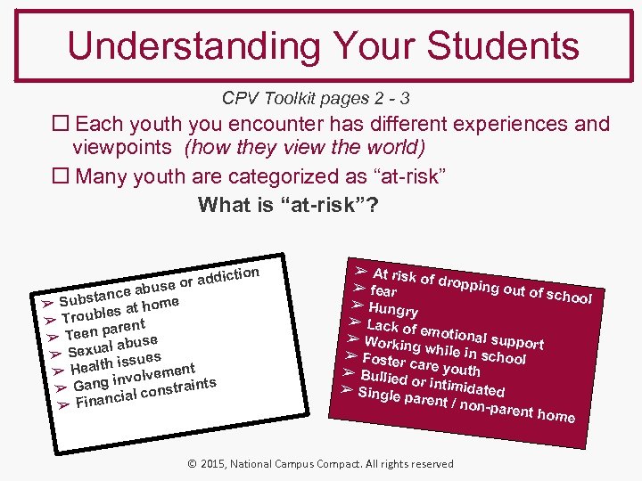 Understanding Your Students CPV Toolkit pages 2 - 3 Each youth you encounter has