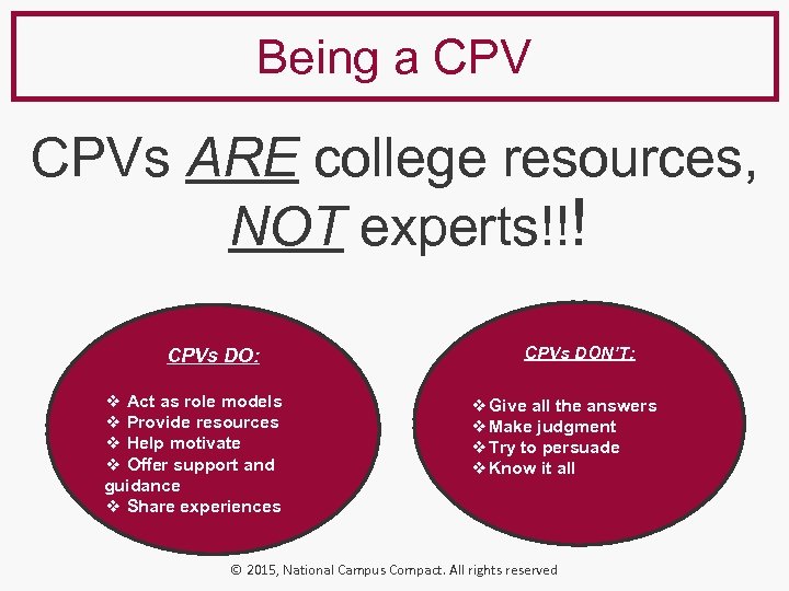 Being a CPVs ARE college resources, NOT experts!!! CPVs DO: ❖ Act as role