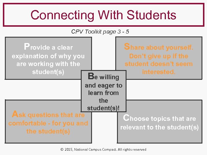 Connecting With Students CPV Toolkit page 3 - 5 Provide a clear Share about