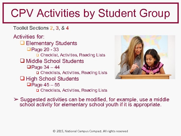 CPV Activities by Student Group Toolkit Sections 2, 3, & 4 Activities for: ❑