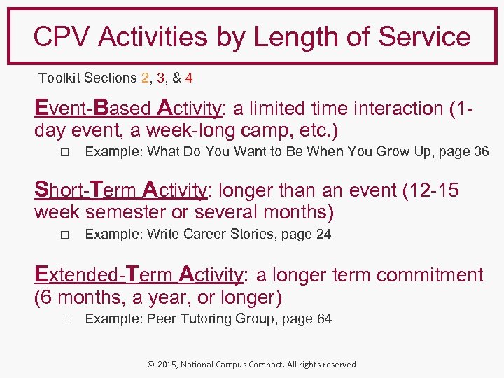 CPV Activities by Length of Service Toolkit Sections 2, 3, & 4 Event-Based Activity: