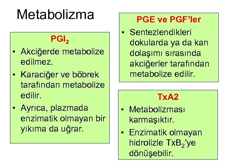 Metabolizma PGI 2 • Akciğerde metabolize edilmez. • Karaciğer ve böbrek tarafından metabolize edilir.