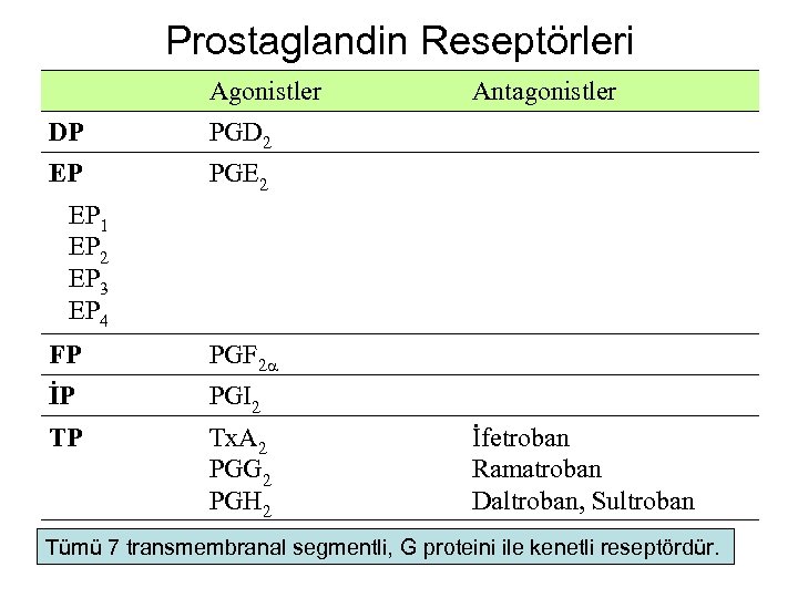 Prostaglandin Reseptörleri Agonistler DP PGD 2 EP Antagonistler PGE 2 EP 1 EP 2