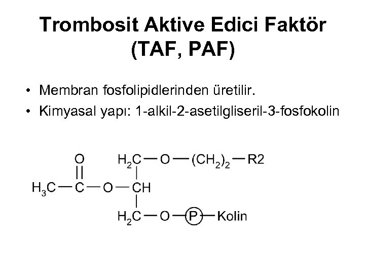 Trombosit Aktive Edici Faktör (TAF, PAF) • Membran fosfolipidlerinden üretilir. • Kimyasal yapı: 1