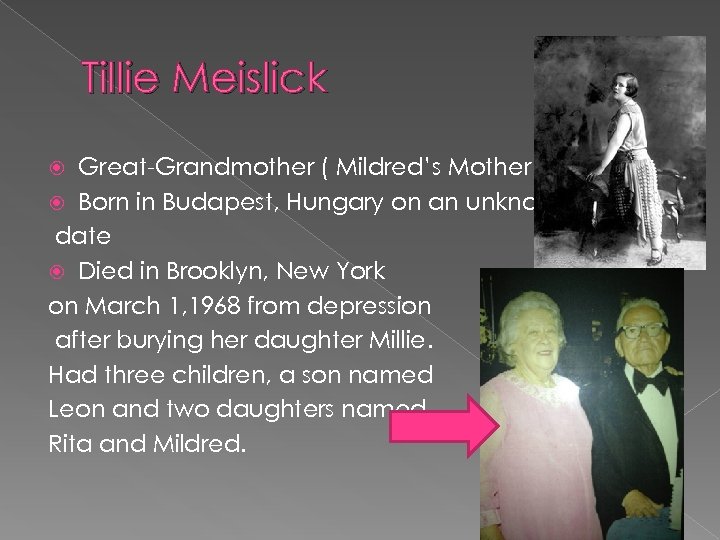 Tillie Meislick Great-Grandmother ( Mildred’s Mother Born in Budapest, Hungary on an unknown date