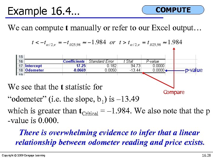 Example 16. 4… COMPUTE We can compute t manually or refer to our Excel