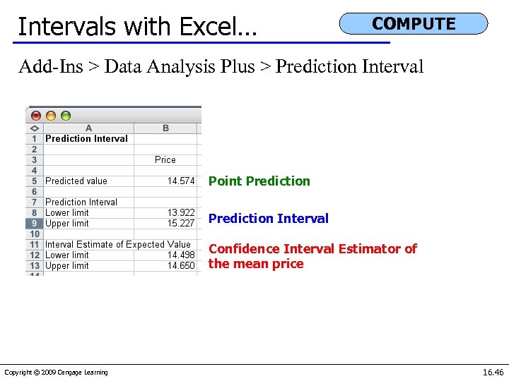 Intervals with Excel… COMPUTE Add-Ins > Data Analysis Plus > Prediction Interval Point Prediction