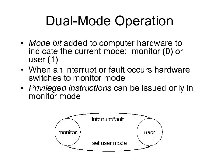 Dual-Mode Operation • Mode bit added to computer hardware to indicate the current mode: