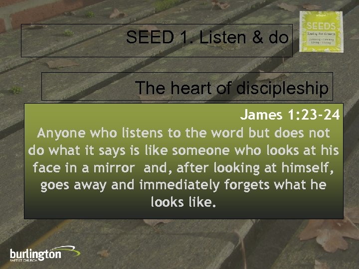 SEED 1. Listen & do The heart of discipleship James 1: 23 -24 Anyone