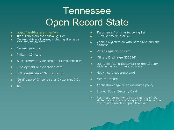 Tennessee Open Record State u u u u u http: //health. state. tn. us/vr