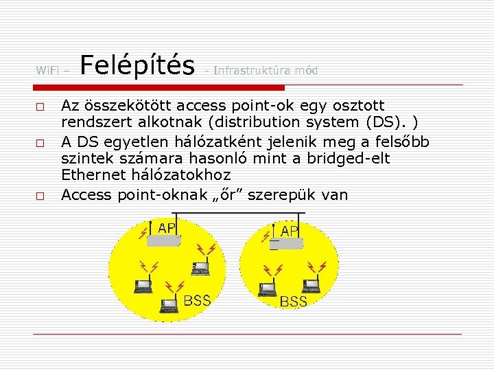 Wi. Fi – o o o Felépítés - Infrastruktúra mód Az összekötött access point-ok