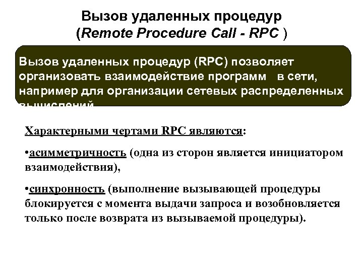 Вызов удаленных процедур (Remote Procedure Call - RPC ) Вызов удаленных процедур (RPC) позволяет