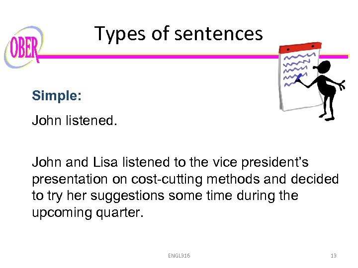 Types of sentences Simple: John listened. John and Lisa listened to the vice president’s