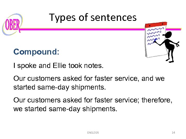 Types of sentences Compound: I spoke and Ellie took notes. Our customers asked for