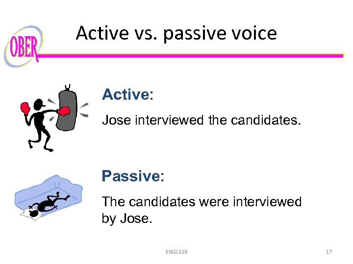 Active vs. passive voice Active: Jose interviewed the candidates. Passive: The candidates were interviewed