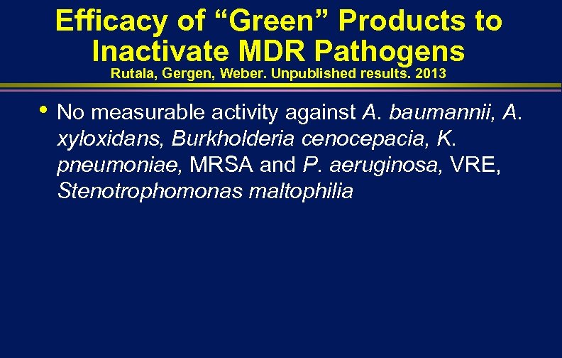 Efficacy of “Green” Products to Inactivate MDR Pathogens Rutala, Gergen, Weber. Unpublished results. 2013